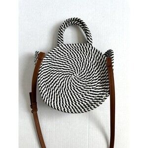 Black And White Rope Woven Round Purse Double Handle Bag W Crossbody Strap